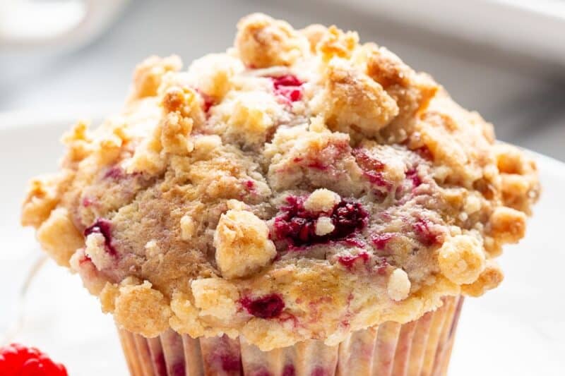A raspberry muffin with streusel topping