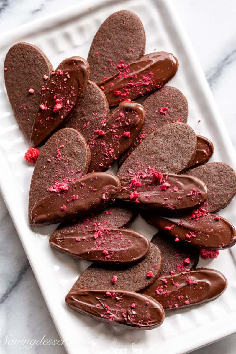 Chocolate heart shaped Valentine's Day Cookies on a platter.
