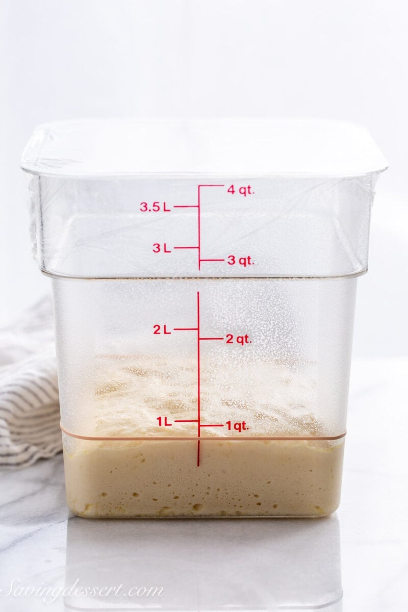 A plastic container with yeasted dough inside with measurements marked on the side.