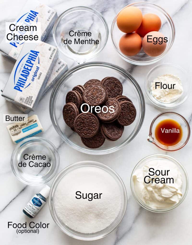 A collage of baking ingredients including sugar, Oreos, eggs and cream cheese.