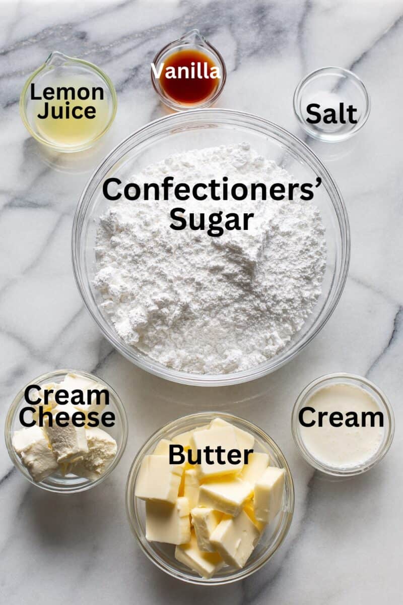 An array of ingredients used to make lemon buttercream frosting.