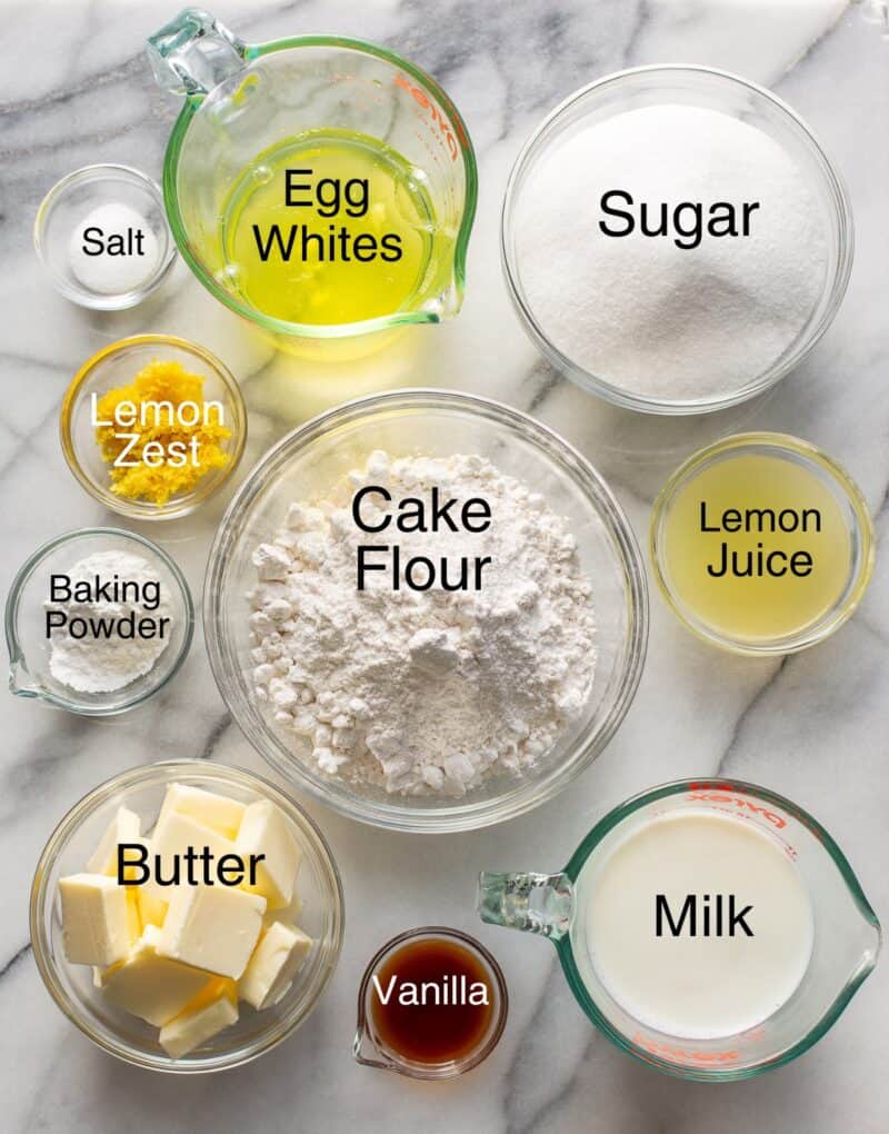 A collage of ingredients needed to make lemon cake layers.