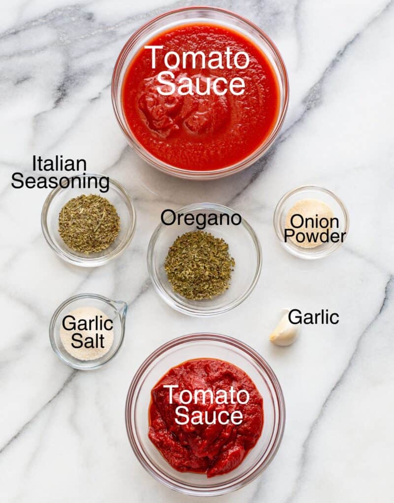 A photo showing all the individual ingredients needed for homemade pizza sauce recipe.