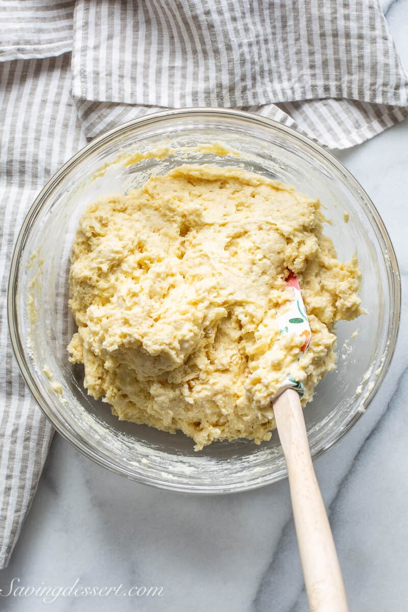 A mixing bowl filled with cake batter.