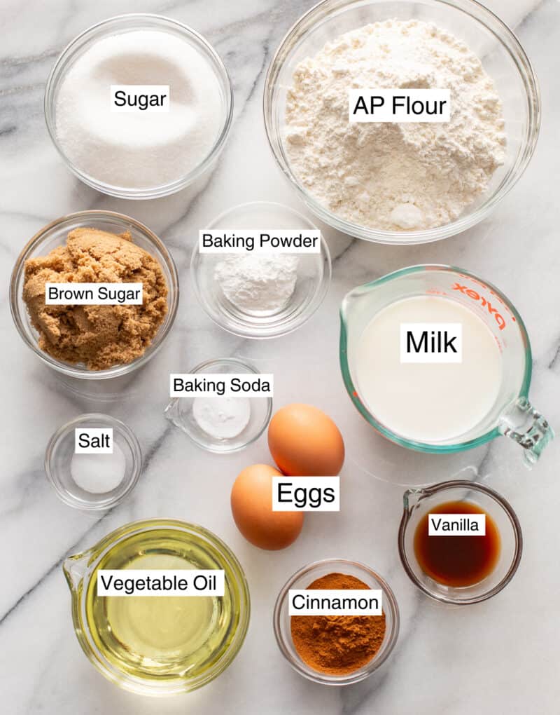 A photo of a group of ingredients needed to make a cinnamon swirl loaf bread.