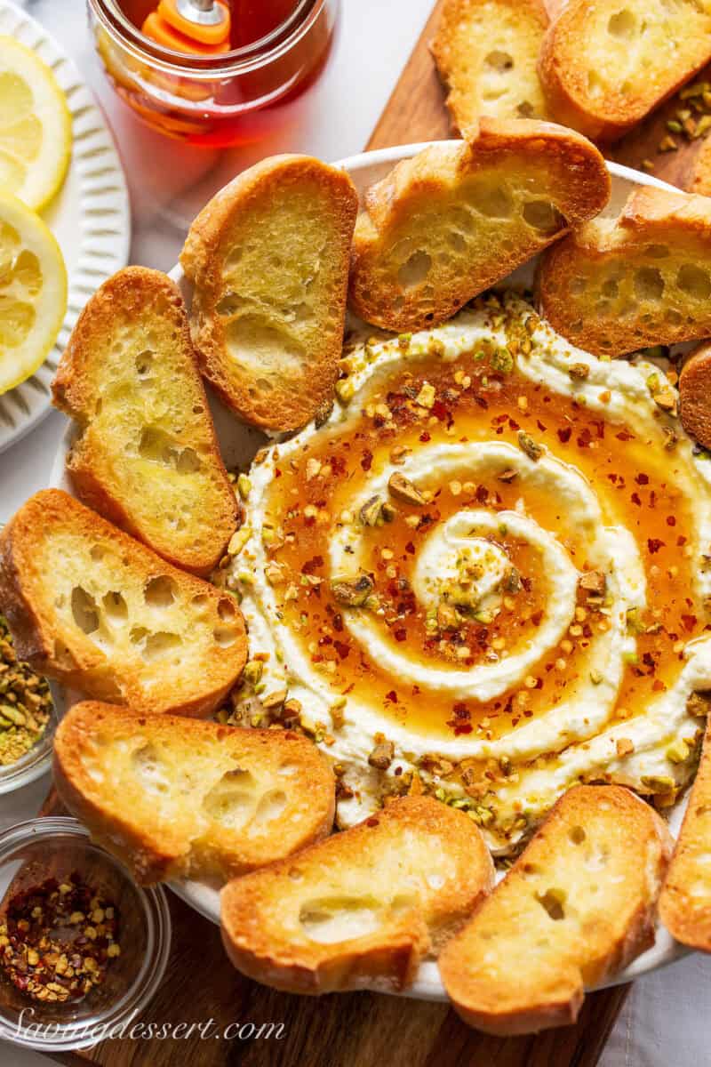 Whipped feta dip with a swirl of hot honey.