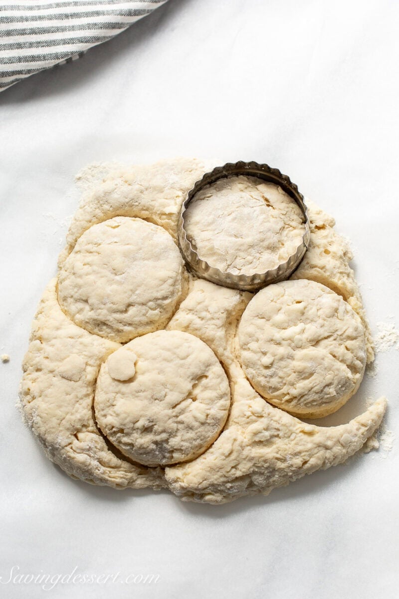 Biscuit dough being cut into large "cat head" biscuits.