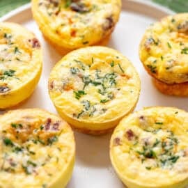 An overhead picture of six egg muffins on a small plate.