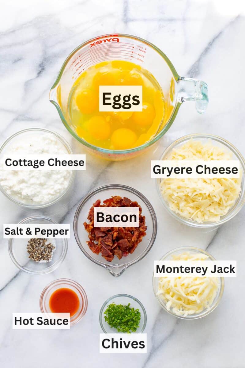 A collate of ingredients used to make egg muffins.
