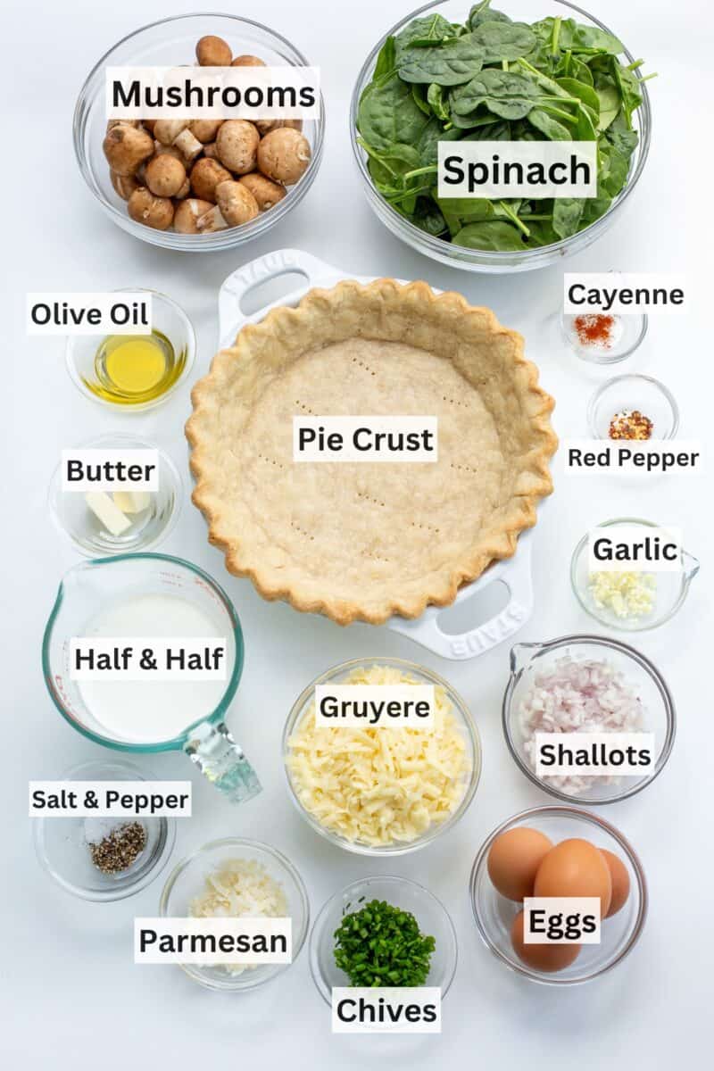 A collage of ingredients used to make spinach mushroom quiche.