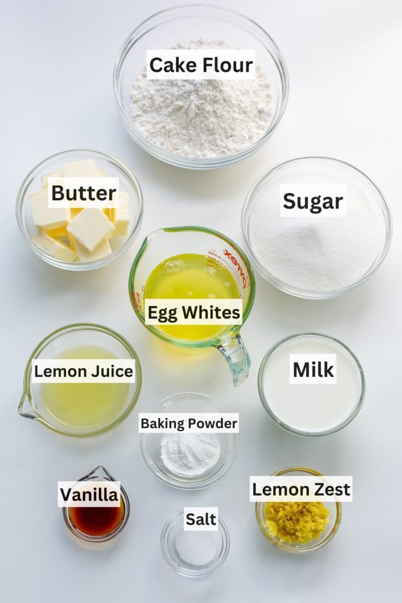 A collage of ingredients used to make a lemon cake.