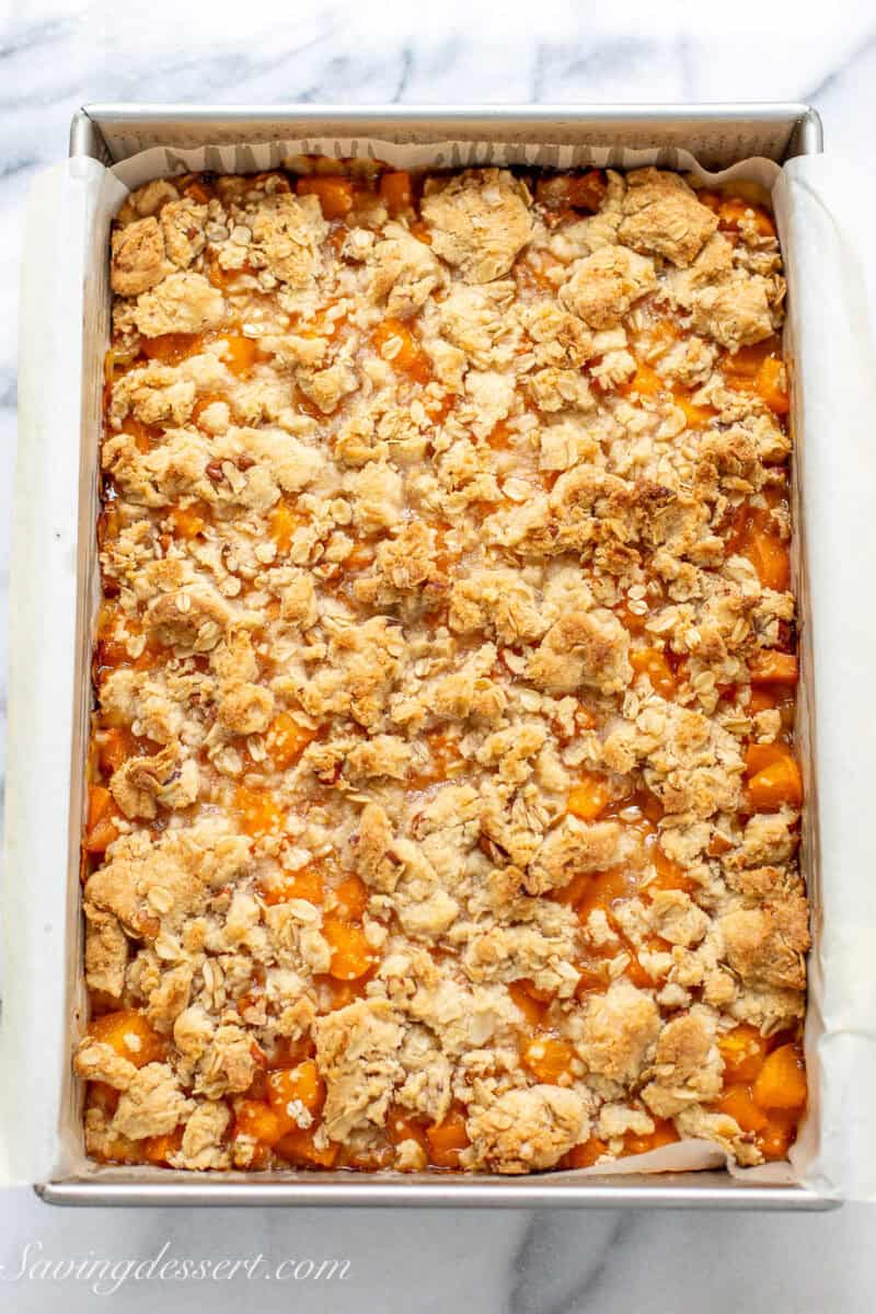 A pan of apricot bars from out of the oven.