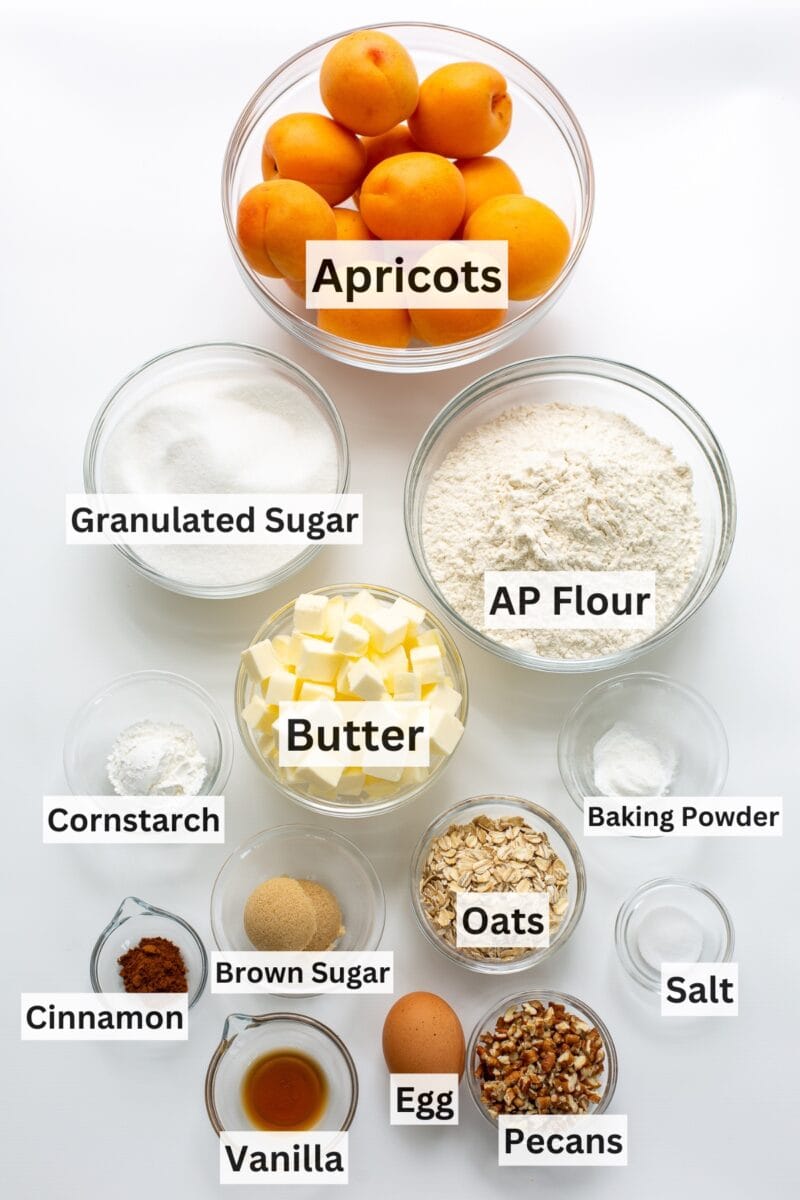 A collage of ingredients needed to make Apricot Bars.