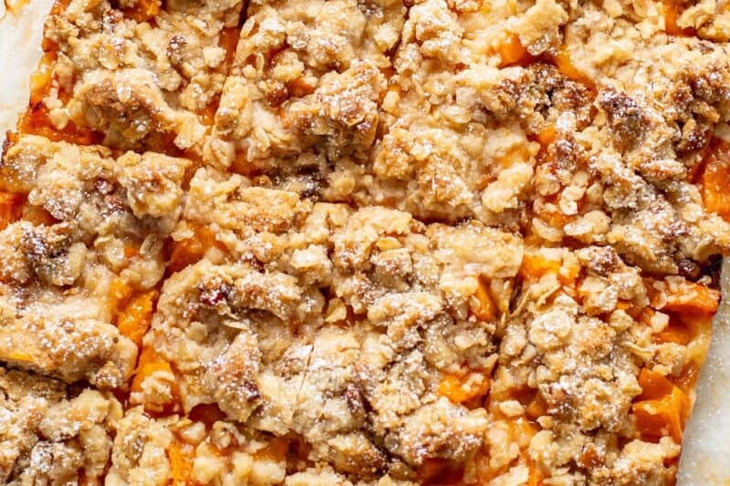 A pan of apricot bars cut into squares.