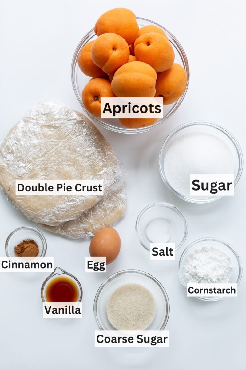 A collage of ingredients needed to make a fresh apricot pie.