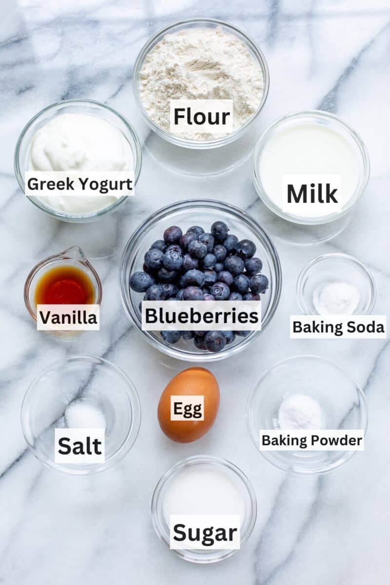 A collage of ingredients used to make yogurt pancakes including blueberries.
