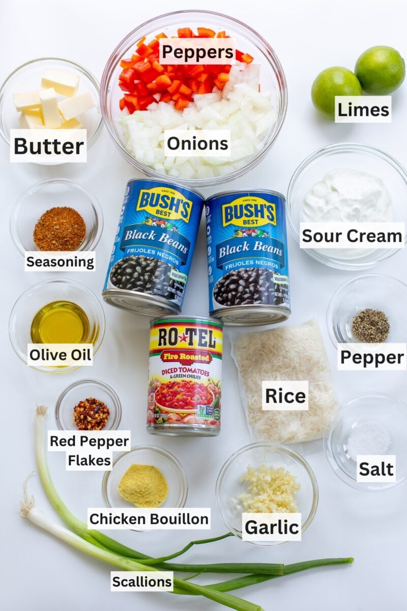 A collage of ingredients needed to make black beans and rice.