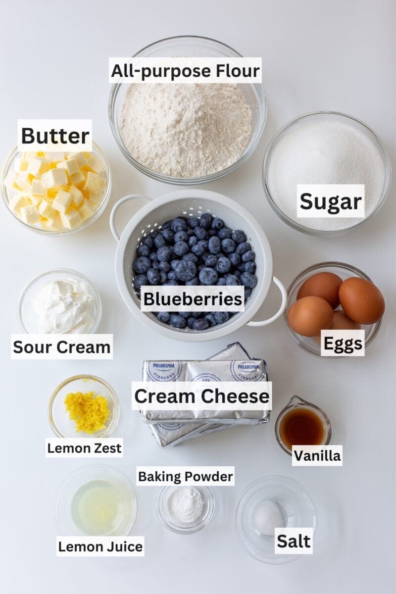 A collage of ingredients used to make blueberry cheesecake crumb bars.
