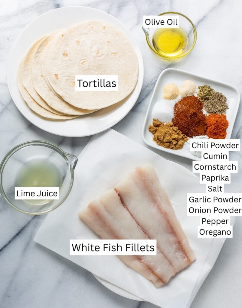 Ingredients laid out in a collage for making fish tacos.