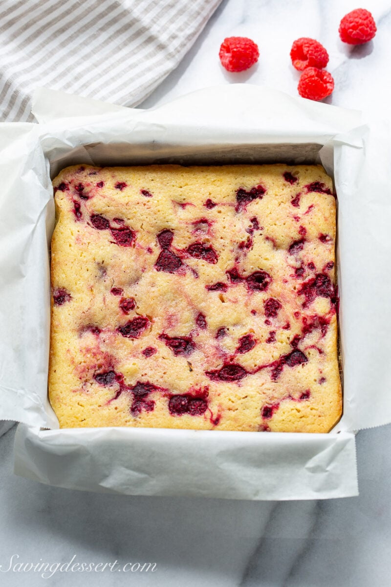 A pan of raspberry lemon blondies fresh from the oven.