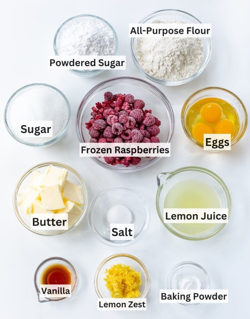 A collage of ingredients needed to make lemon raspberry blondies.