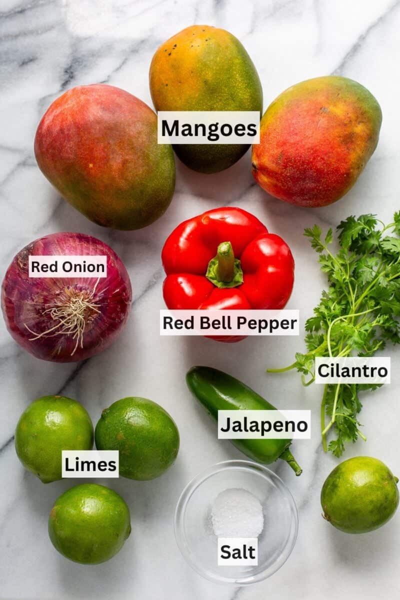 A collage of ingredients needed to make mango salsa.