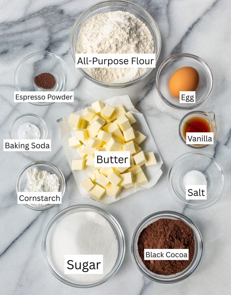 A photo with a collage of ingredients needed to make chocolate cookies.