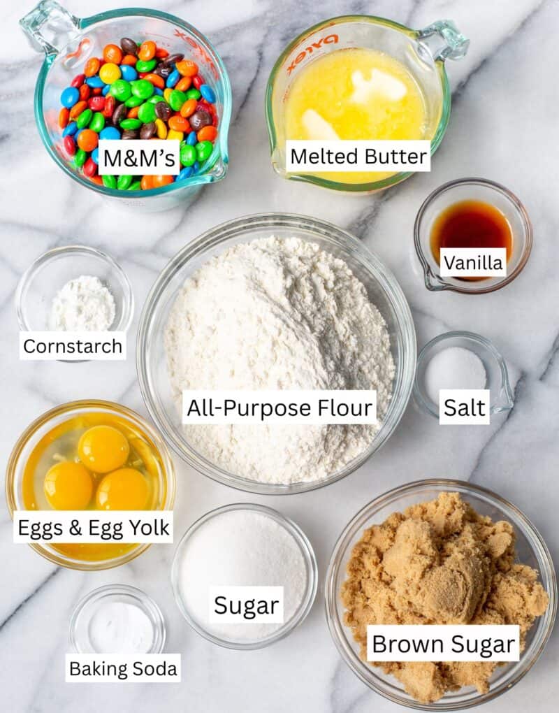 A collage of ingredients used to make M&M Cookies.