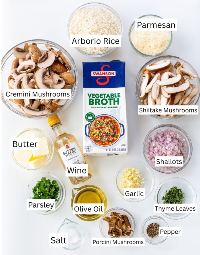 A collage of ingredients needed to make mushroom risotto.
