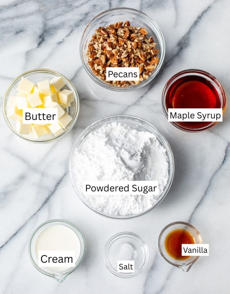 A collage of ingredients used to make maple buttercream frosting.