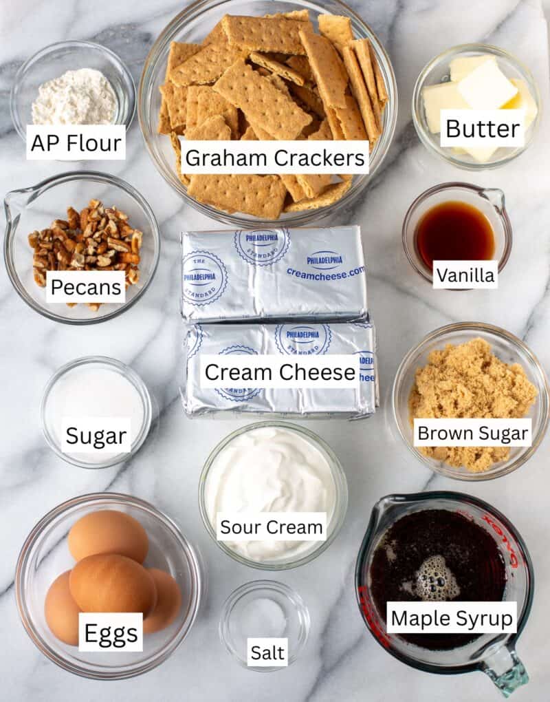 A collage of ingredients used to make a maple cheesecake.
