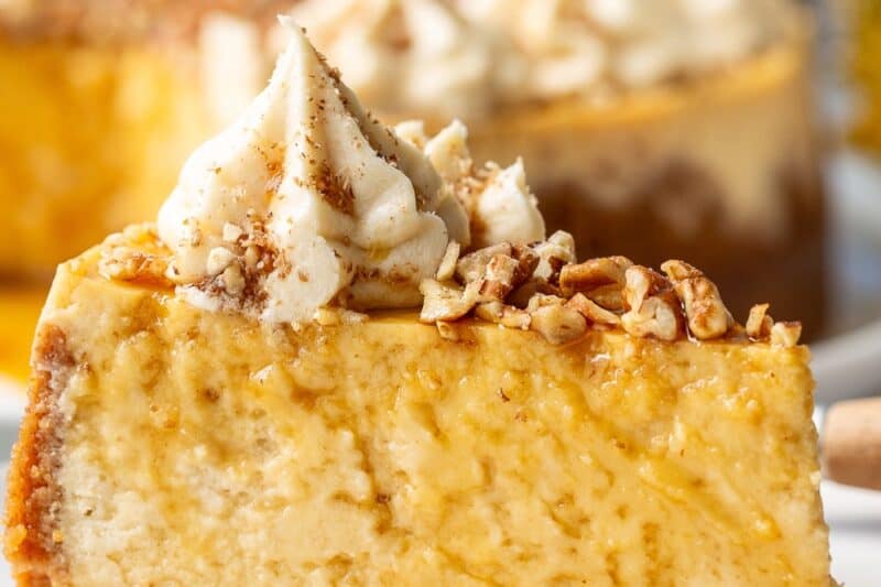 A slice of maple cheesecake on a plate.