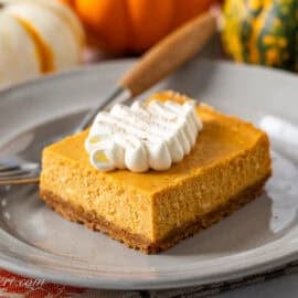 Pumpkin Cheesecake Bar topped with swirly whipped cream on a plate.