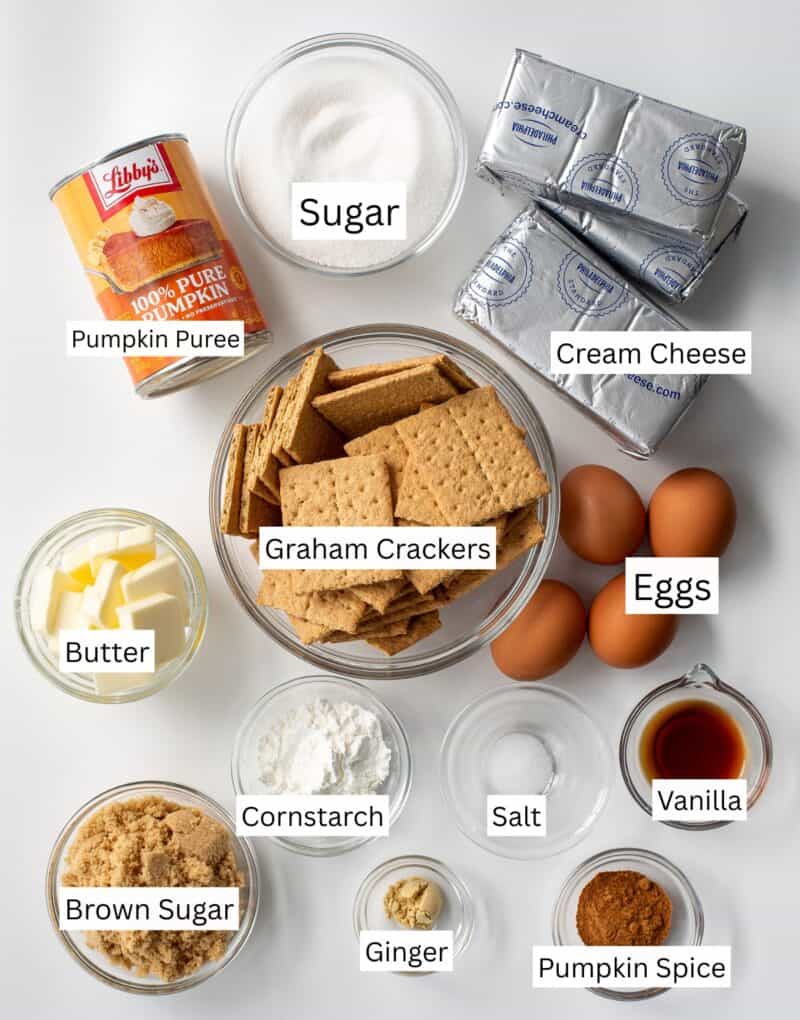 A collage of ingredients needed to make pumpkin cheesecake bars.