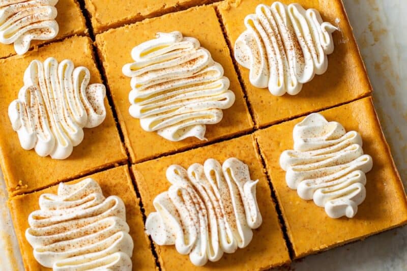 Square pieces of pumpkin cheesecake on a piece of parchment paper with each topped with swirls of whipped cream.