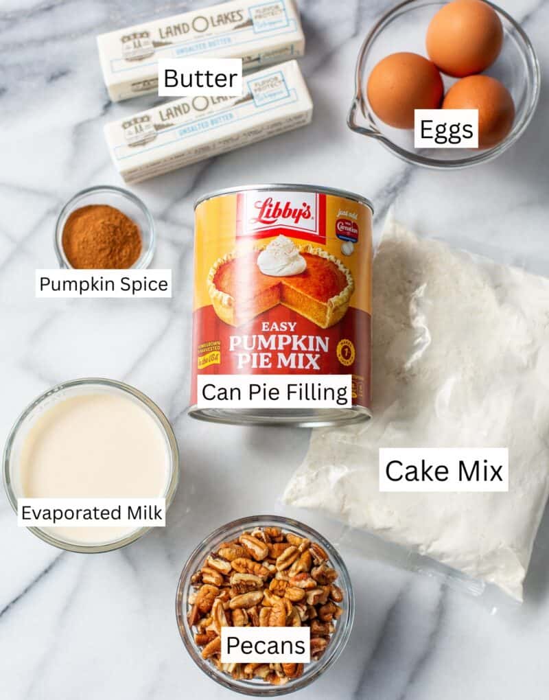 A collage of ingredients needed to make pumpkin dump cake.