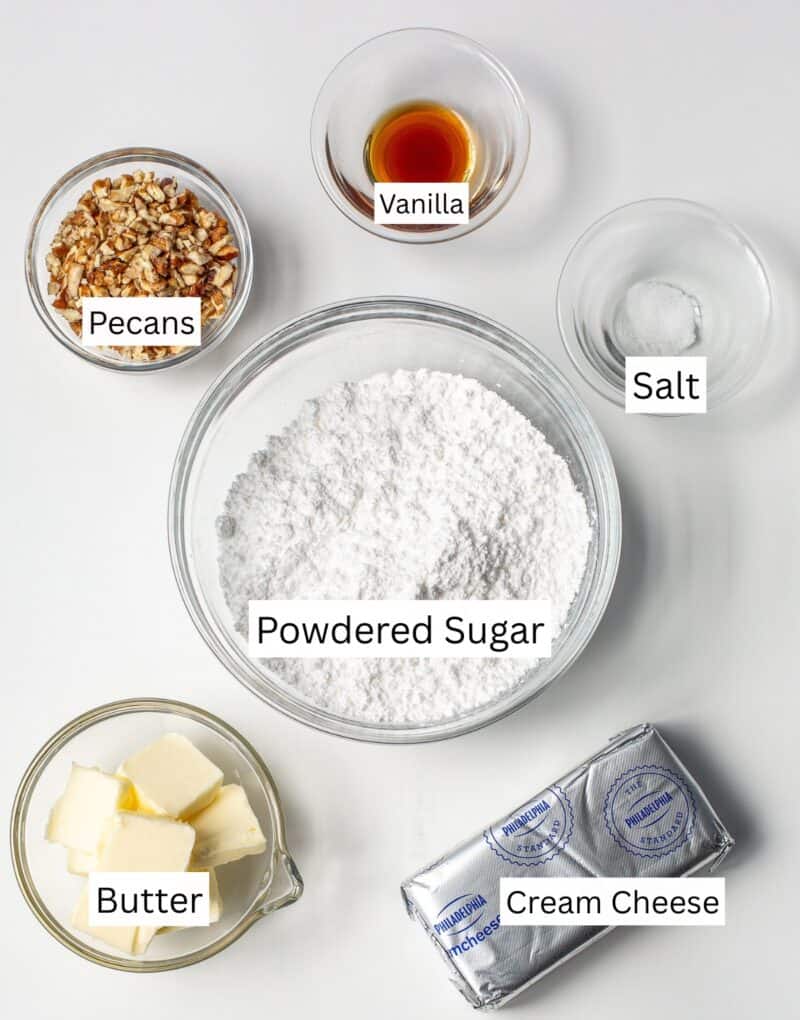 A collage of ingredients used to make cream cheese frosting.