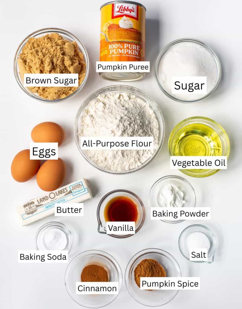 A collage of ingredients needed to make a pumpkin spice cake.