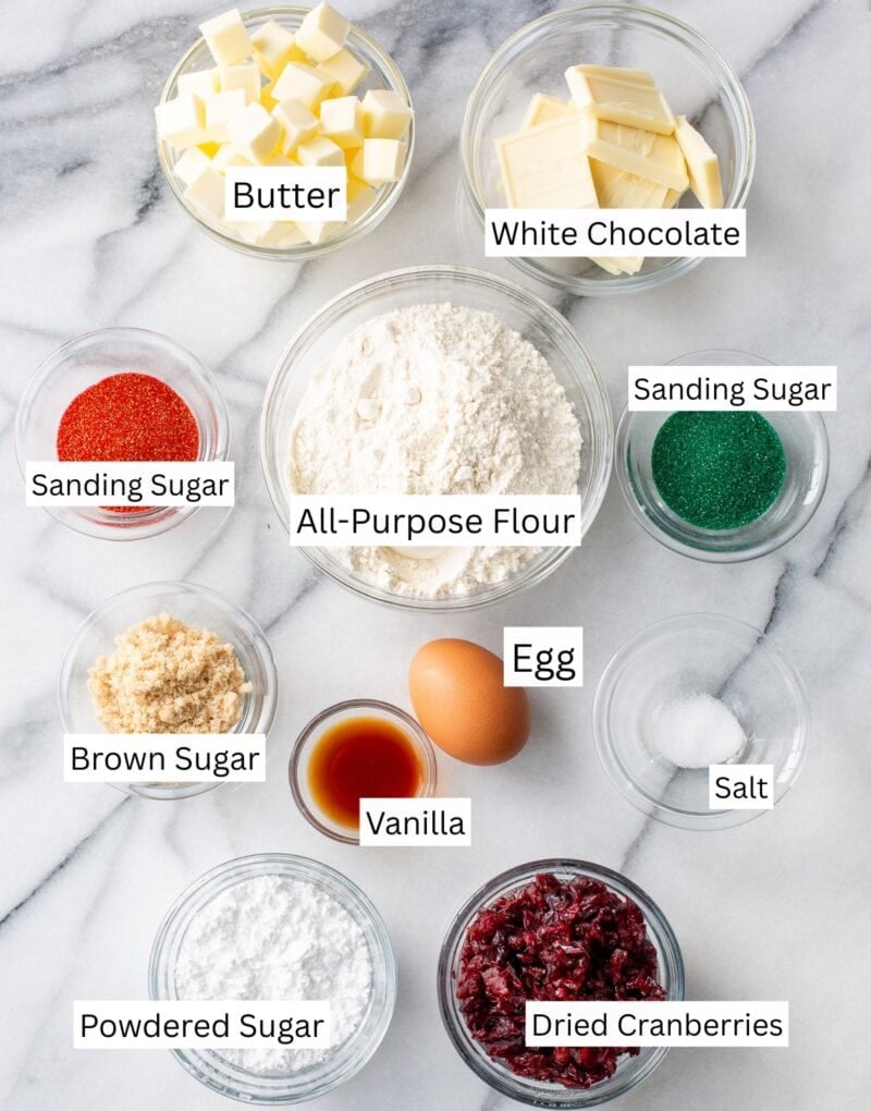 A collage of ingredients needed to make cranberry white chocolate shortbread cookies.