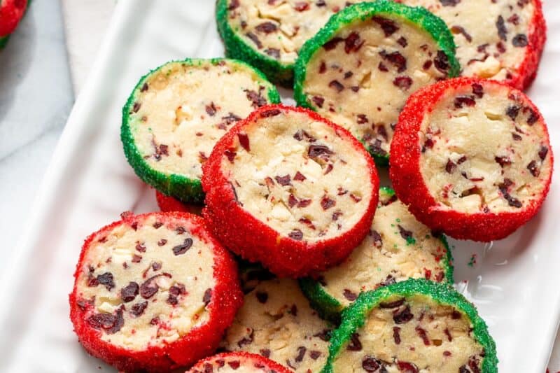 A platter of red and green round shortbread cookies.