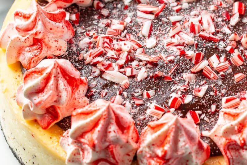Peppermint cheesecake decorated with chocolate ganache and crushed peppermints on a cake stand