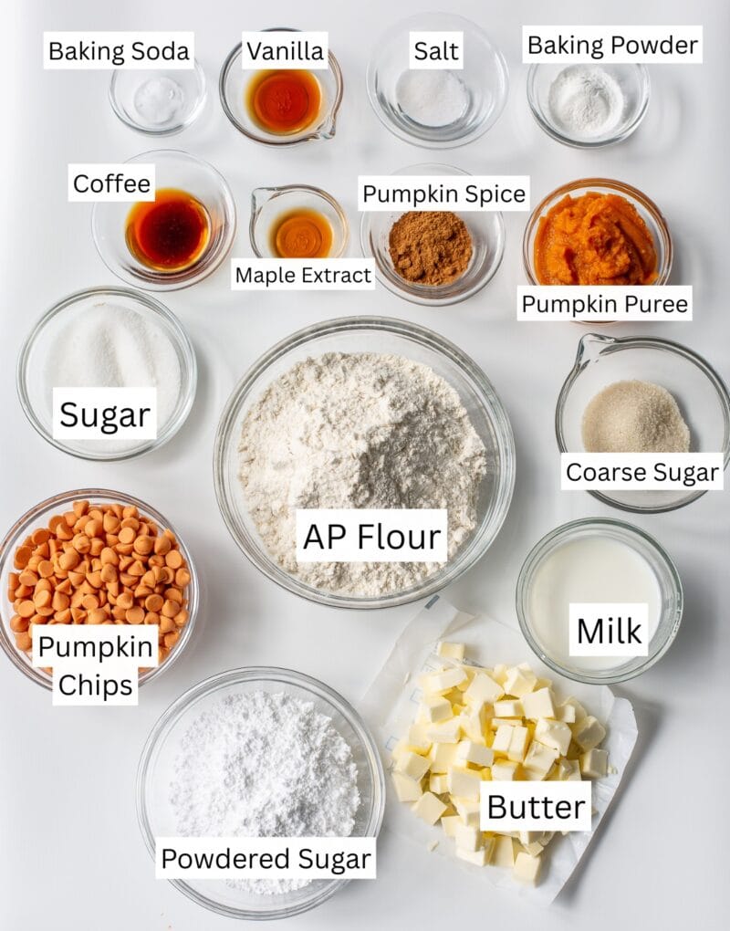 A collage of ingredients needed to make pumpkin scones with a maple glaze.