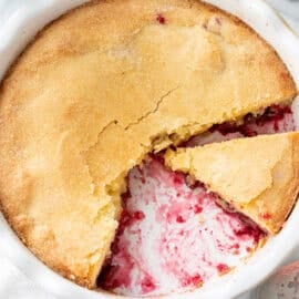 A closeup of a sliced Nantucket cranberry pie.