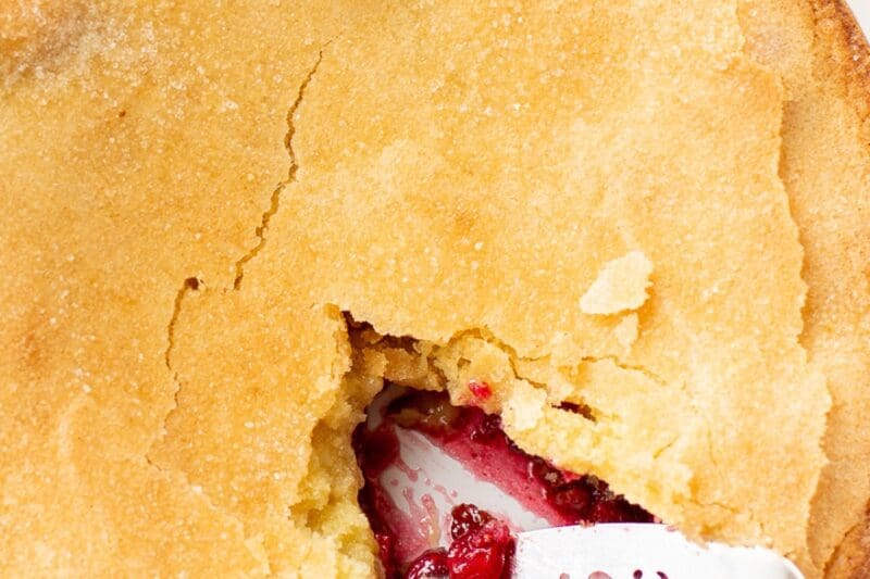 A Nantucket pie with a slice removed.