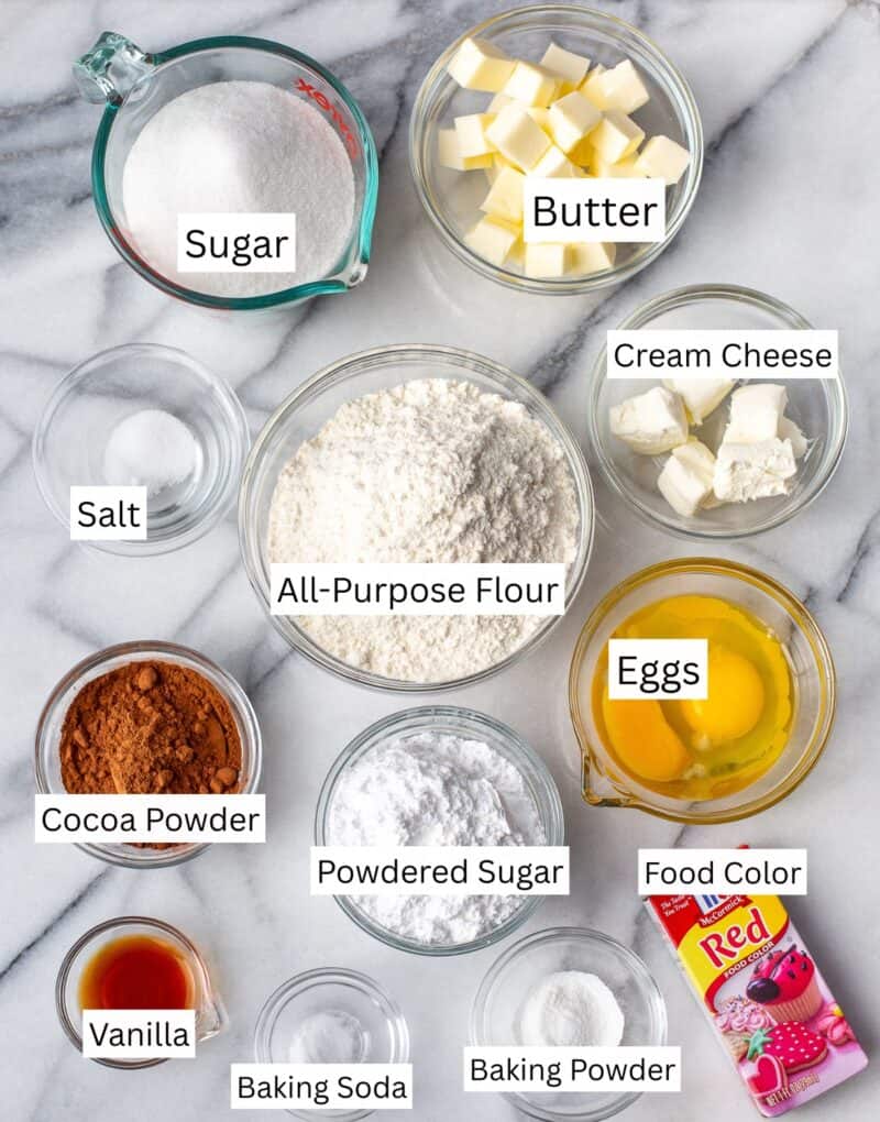 A collage of ingredients needed to make red velvet crinkle cookies.