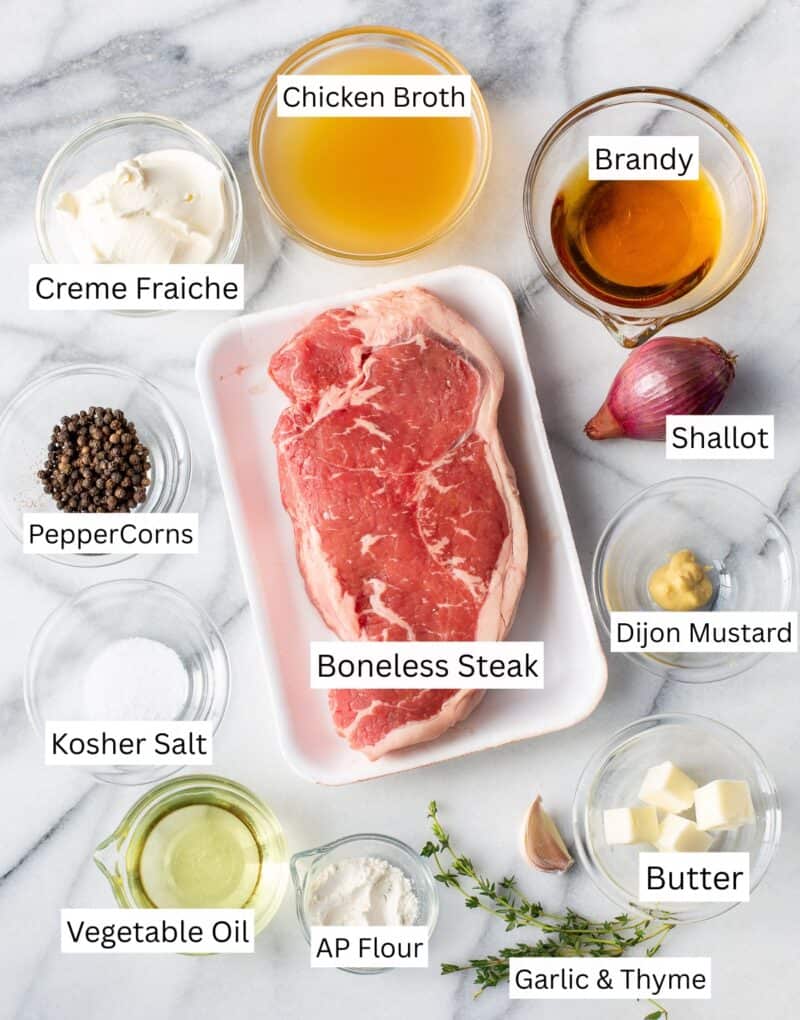 A collage of ingredients needed to make steak au poivre.
