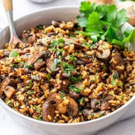 A large bowl of wild rice mushroom pilaf with a spoon and parsley garnish.