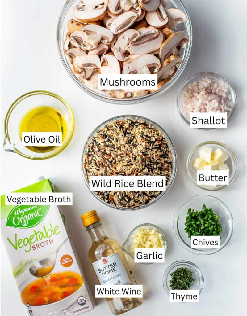 A collage of ingredients needed to make wild rice and mushroom pilaf.