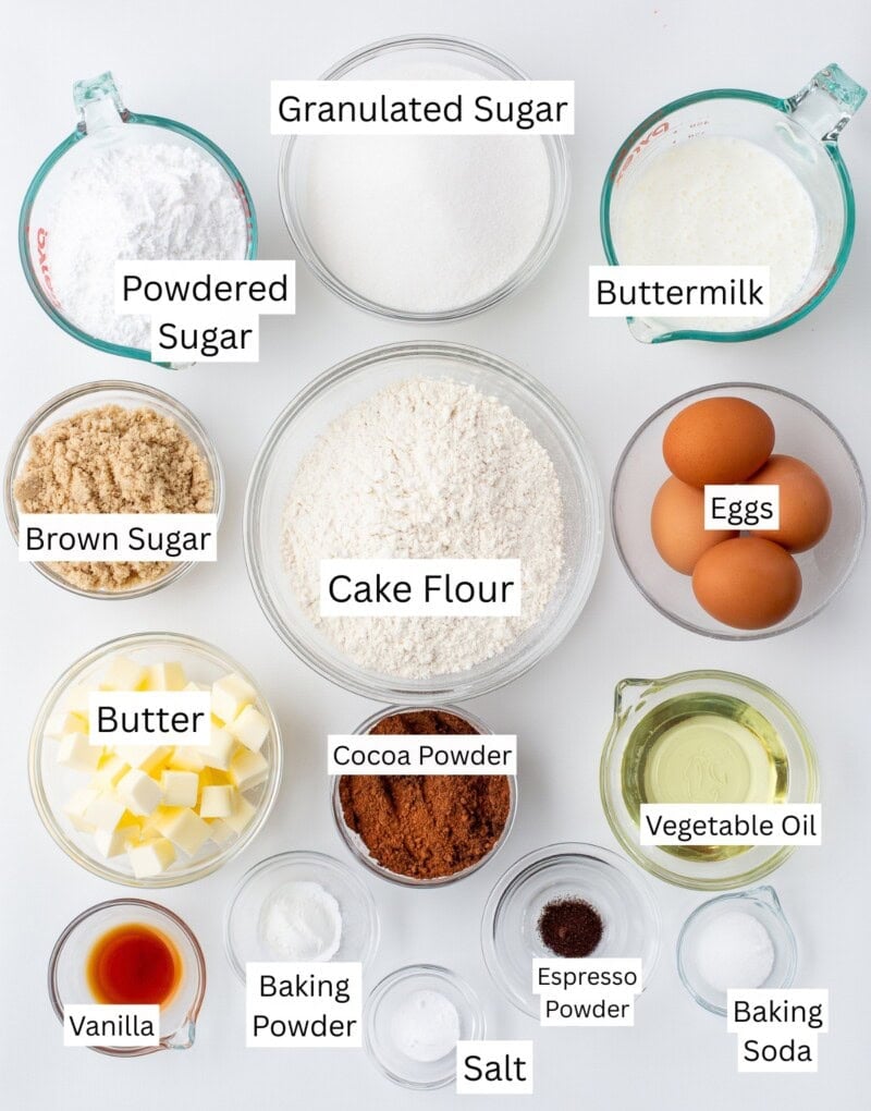 A collage of ingredients needed to make buttermilk chocolate cake like sugar, flour, eggs and cocoa.