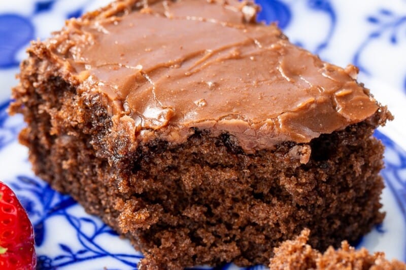A closeup photo of a slice of buttermilk chocolate cake on a plate.